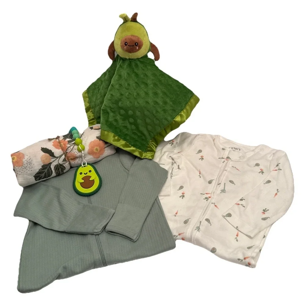 Avocado Girl Baby Shower, Avocado Pajama's, Bodysuit,‎ Teether, Lovey & Blanket